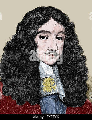 Charles II of England (1630-1685). Monarch of England, Scotland and Ireland. House Stuart. Engraving. Portrait. Color. Stock Photo