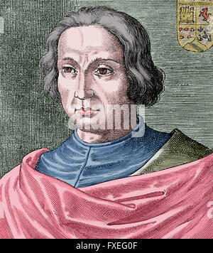 Christopher Columbus (1450-1506). The Discoverer of America in 1492. Engraving. Color. Stock Photo