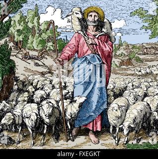 Parable of the Good Shepherd. Engraving, 19th century. Color. Stock Photo