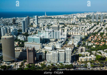 Tel Aviv city in Israel. Aerial view from Azrieli Center Circular Tower with Europe-Israel Tower and Sourasky Medical Center Stock Photo