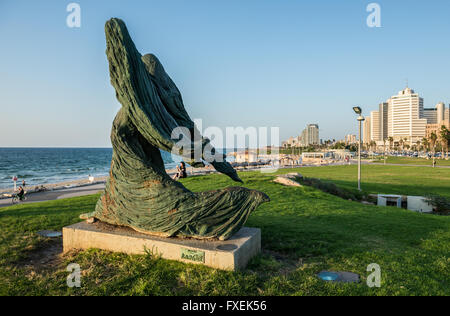 Woman Against the Wind sculpture designed by in Ilana Goor in Charles Clore Park, Tel Aviv city, Israel Stock Photo