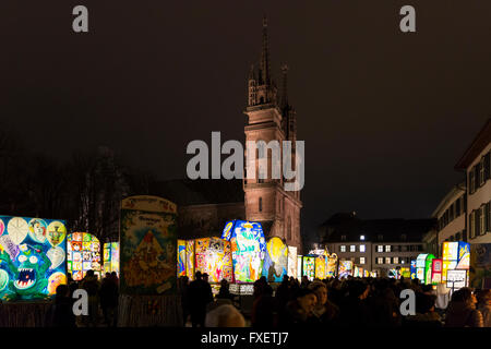 Main view over the Basel Münster (church) square on Tuesday night during the Basel carnival 2016 with all illuminated lanterns Stock Photo