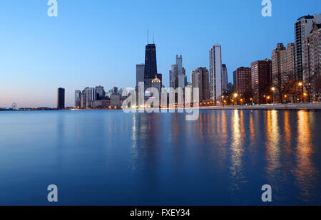 Chicago skyline including the John Hancock Building as seen at dawn from North Avenue Beach in Chicago, Illinois, United States Stock Photo