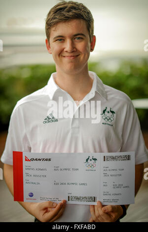 Jack Rossiter (18) displays his boarding pass for Rio following the Rio 2016 Australian Olympic Shooting Team Selection announcement in Sydney. Sydney, Australia. 08 April, 2016. © Hugh Peterswald/Alamy Live News Stock Photo