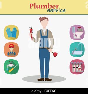 Plumber male character with wrench and tool Stock Vector