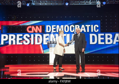 Brooklyn, New York, USA. 15th Apr, 2016. Former Secretary of State HILLARY CLINTON and Senator BERNIE SANDERS shake hands prior the CNN presidential primary debate. Clinton and Sanders clashed over qualifications. Credit:  Anna Sergeeva/ZUMA Wire/Alamy Live News Stock Photo