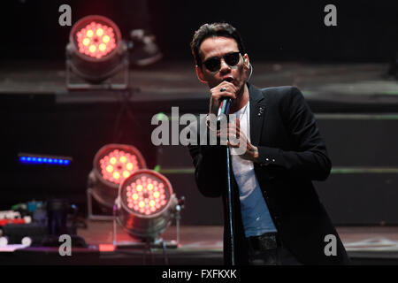 Montevideo, Uruguay. 14th Apr, 2016. Puerto Rican singer Marc Anthony performs during a concert as part of his 2016 South American tour 'Marc Anthony Live', at Centenario Stadium in Montevideo, capital of Uruguay, on April 14, 2016. Credit:  Nicolas Celaya/Xinhua/Alamy Live News Stock Photo