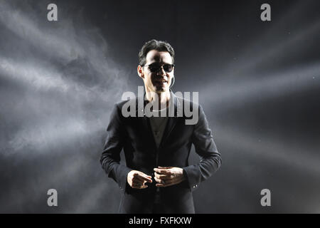 Montevideo, Uruguay. 14th Apr, 2016. Puerto Rican singer Marc Anthony performs during a concert as part of his 2016 South American tour 'Marc Anthony Live', at Centenario Stadium in Montevideo, capital of Uruguay, on April 14, 2016. Credit:  Nicolas Celaya/Xinhua/Alamy Live News Stock Photo