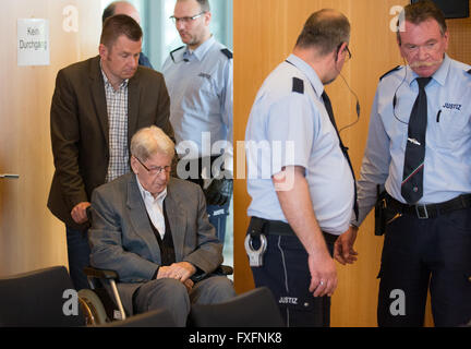 Detmold, Germany. 15th Apr, 2016. The defendant Reinhold Hanning (front) sits in his wheelchair as he is being guided to the courtroom at the regional court in Detmold, Germany, 15 April 2016. 94-year old Hanning, a former SS-guard at Auschwitz concentration camp is accused of complicity in murder in 170,000 cases. PHOTO: FRISO GENTSCH/DPA/Alamy Live News Stock Photo