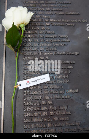 Belfast, UK. 15th Apr, 2016. A womans a White Rose at the Titanic ...