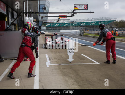 Silverstone, UK. 15th Apr, 2016. The No8 Audi R18 coming in for a pit stop in first free practise Credit:  steven roe/Alamy Live News Stock Photo