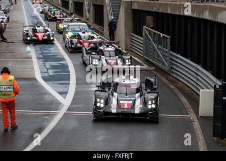 Silverstone, UK. 15th Apr, 2016. WEC race cars heading out for the first free practise Credit:  steven roe/Alamy Live News Stock Photo