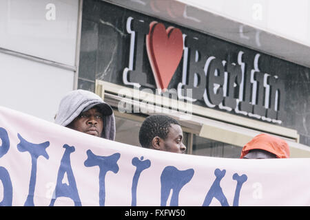 Berlin, Berlin, Germany. 15th Apr, 2016. Protesters during a rally against the EU - Turkey migration deal and for the acceptance of refugees in Europe. The Rally is held under the motto 'Stop deportations ''“ There is enough space for everyone!' at Alexanderplatz. © Jan Scheunert/ZUMA Wire/Alamy Live News Stock Photo