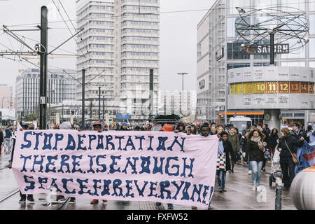 Berlin, Berlin, Germany. 15th Apr, 2016. Protesters during a rally against the EU - Turkey migration deal and for the acceptance of refugees in Europe. The Rally is held under the motto 'Stop deportations ''“ There is enough space for everyone!' at Alexanderplatz. © Jan Scheunert/ZUMA Wire/Alamy Live News Stock Photo