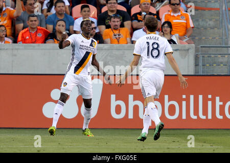 Houston, TX, USA. 15th Apr, 2016. Los Angeles Galaxy forward Gyasi Zardes (11) celebrates his second half goal with forward Mike Magee (18) during the MLS regular season match between the Houston Dynamo and the Los Angeles Galaxy from BBVA Compass Stadium in Houston, TX. The Galaxy won, 4-1. Credit image: Erik Williams/Cal Sport Media. Credit:  csm/Alamy Live News Stock Photo