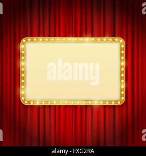 golden frame with light bulbs on red curtains background. vector design template Stock Vector