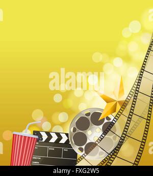 Cinema background with filmstrip, golden star, cup, clapperboard on blurry blue background. vector Stock Vector