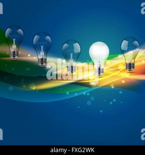 light bulbs on blue background with multicolored lines