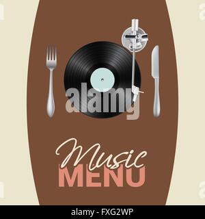 music menu conceptual illustration with vinyl turntable, knife, fork, text Stock Vector