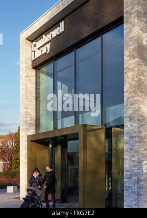 Side view of entrance. Camberwell Library, London, United Kingdom. Architect: John McAslan & Partners, 2016. Stock Photo