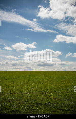 Beautiful day fluffy clouds in blue sky above grassy hill Stock Photo