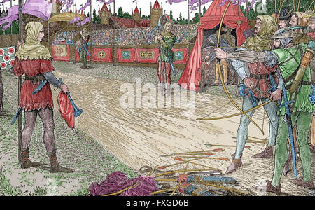 Robin Hood. Heroic outlaw in English folklore. Archer and swordsman. Robin Hood Wins Queen Eleanor's Price. Engraving. Color. Stock Photo