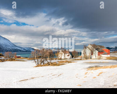 Winter view of Hemmestad and Kvaefjord in Harstad, Troms county in northern Norway Stock Photo