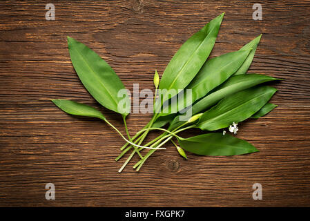 Wild garlic leafs on wooden background overhead shoot Stock Photo