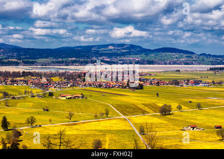 View of Fussen Village and Landscape from Schloss Hohenschwangau Castle, Bavaria, Germany Stock Photo
