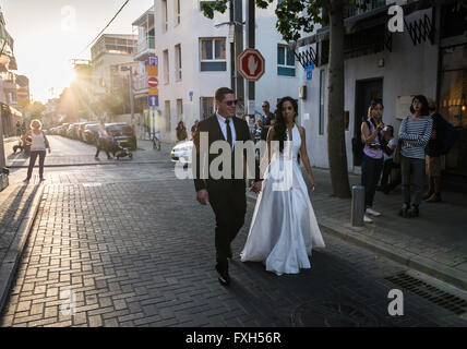 Wedding couple during their photo session at Shalom Shabazi street in Neve Tzedek neighborhood, Tel Aviv city, Israel Stock Photo