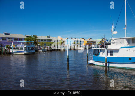 Fishermen's Village waterfront restaurants, shops & marina on Charlotte Harbor on the Gulf Coast in Punta Gprda Florida. Stock Photo