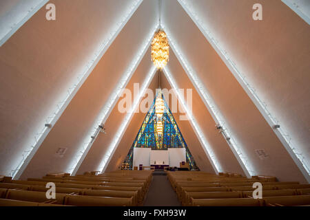 Interior view of the Arctic Cathedral, formally known as Tromsdalen Church or Tromsøysund Church in Tromso, Norway. Stock Photo