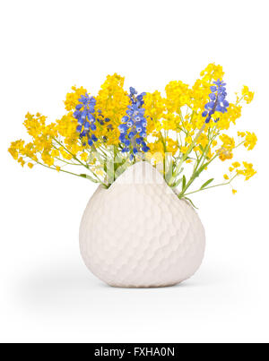 Bouquet of Grape Hyacinths (Muscari) and Basket of Gold (Aurinia saxatilis) in a vase, isolated Stock Photo