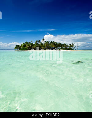 Tropical uninhabited or desert island with beach and palm trees in the Blue Lagoon inside Rangiroa atoll near Tahiti, Polynesia Stock Photo