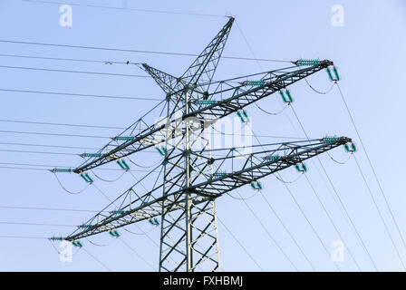 Tension tower with traverses of a high-voltage line Stock Photo