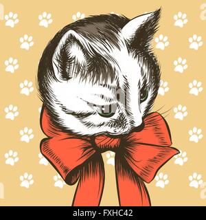 Kitten with red bow drawn in sketch style. Stock Vector