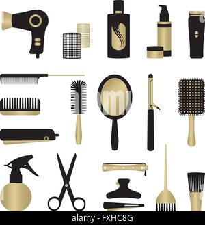 Gold and black hairdressing related object set Stock Vector