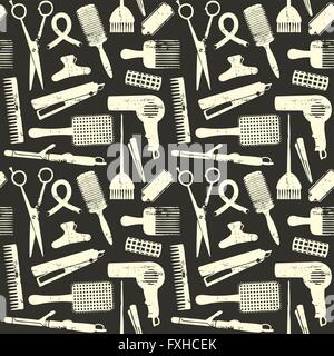 Scratched hair styling related seamless pattern on black background Stock Vector