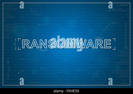 ransomware on paper blueprint background, technology concept Stock Photo