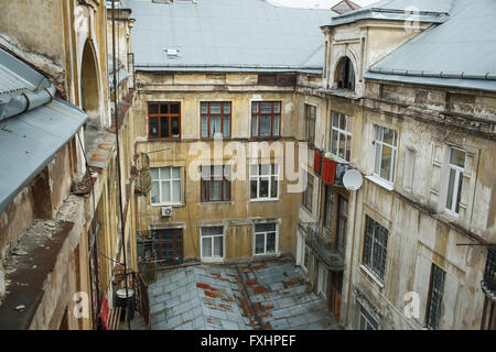 Typical courtyard in the old district of Lviv, Ukraine, views from the top Stock Photo