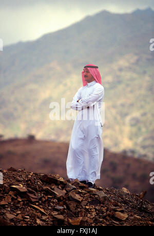 Exterior portrait of Arab man wearing traditional clothing; Asir Region; Kingdom of Saudi Arabia Stock Photo