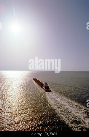 Tug boat pushing barges loaded with logs; Houston Ship Channel; Texas; USA Stock Photo