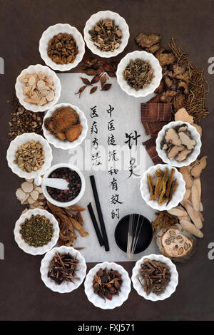 Acupuncture needles, moxa sticks and chinese herbal medicine selection with calligraphy script. Stock Photo