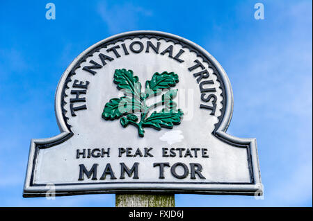 The National Trust cast iron Mam Tor sign in the Peak District, Derbyshire, England. Stock Photo