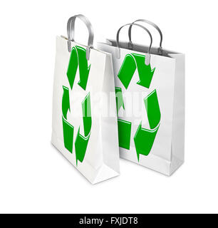 Two Shopping Bags opened and closed with recycling symbol isolated on white. There is a different path for each bag Stock Photo