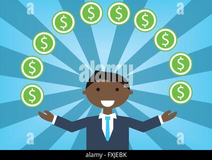 Successful white business man handling money and budget. Vector illustration of cartoon character juggling dollars Stock Vector