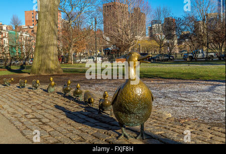 A bronze duck sculpture , 'Make Way For Ducklings' in the Boston Public Garden, Boston, Massachusetts, USA Stock Photo