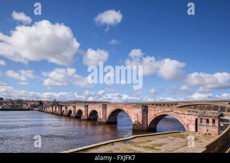 Berwick Old Bridge on the River Tweed, and beyond it the Royal Tweed Bridge, Berwick-upon-Tweed, Northumberland, England, UK Stock Photo