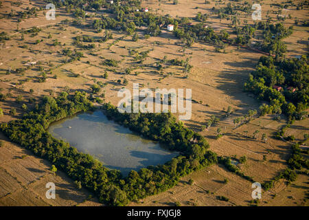 Pond and farmland, east of Siem Reap, Cambodia - aerial Stock Photo