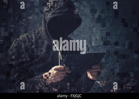 Pixelated unrecognizable faceless hooded cyber criminal man using digital tablet to access internet deep web page Stock Photo